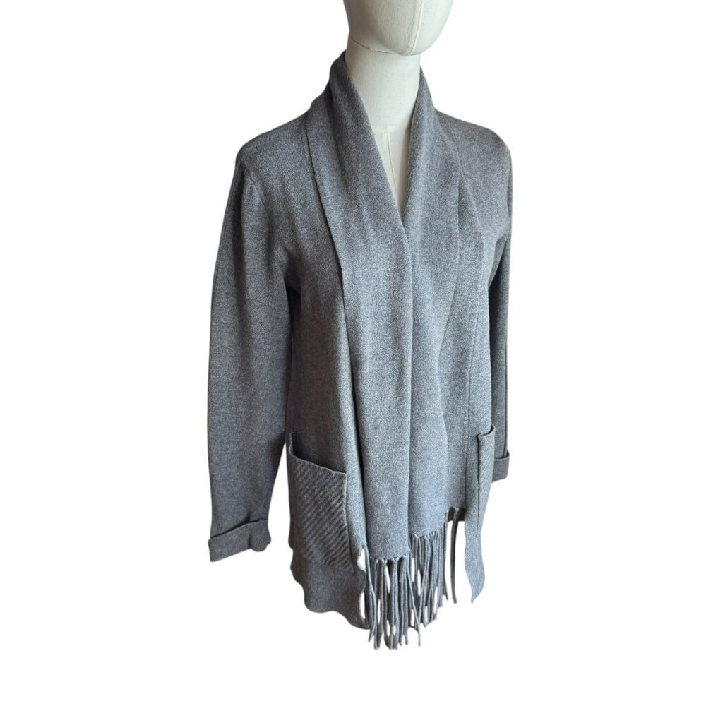 Tahari Gray Open Front Shawl Collar Sweater Fringe Hem Cardigan Size S